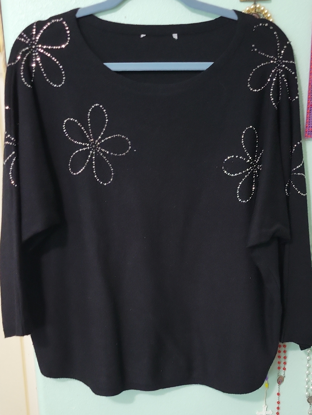 Ruby Rd. Black Crew Neck Sweater with Studded Floral Accents